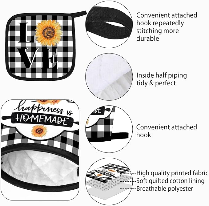 5 Pieces Buffalo Plaid Kitchen Towels Oven Mitts and Pot Holder Set Black and White Kitchen Towels Oven Gloves, Hot Pads Pot Holders for Farm House Accessories Decor(Sunflower)