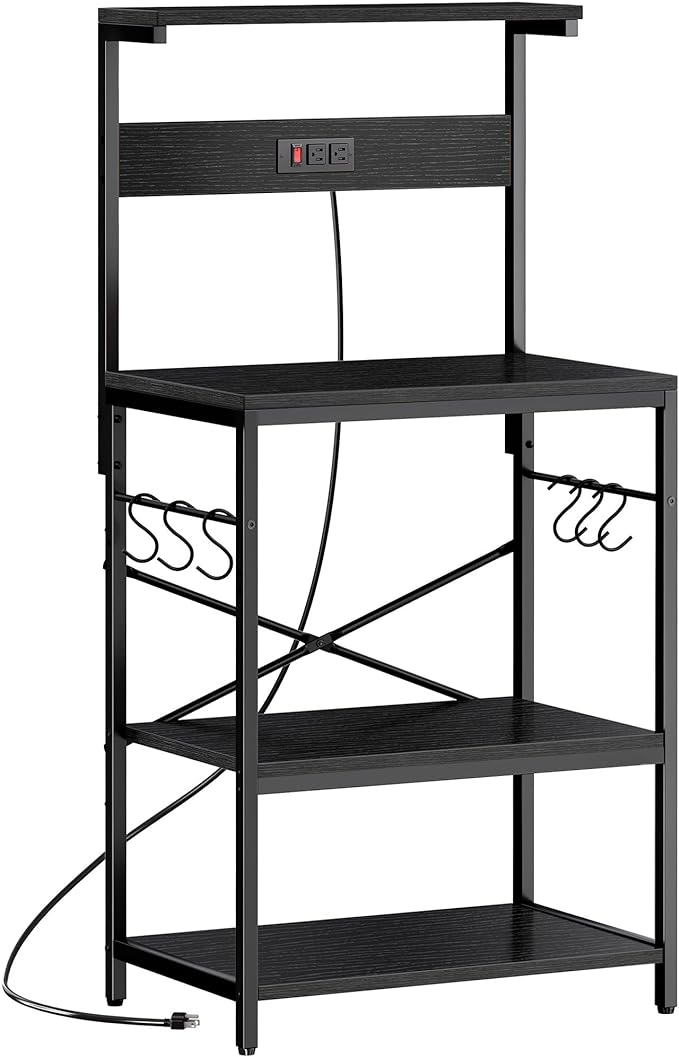 SUPERJARE Kitchen Bakers Rack with Power Outlet, Coffee Bar Table 4 Tiers, Kitchen Microwave Stand with 6 S-Shaped Hooks, Storage Shelf Rack for Spices, Pots and Pans - Black