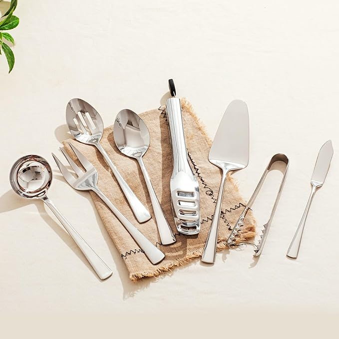 KINGSTONE 10 Piece Serving Utensils Set, 18/10 Stainless Steel Serving Utensils, Slotted Spoon, Fork, Tong, Soup Ladle, Cake Server, Butter Knife and Ice Tong for Buffet, Parties, Kitchen,Entertaining
