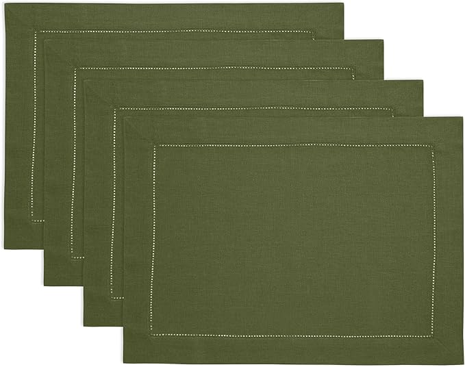 Solino Home Linen Cloth Placemats Set of 4-100% Pure Linen Hemstitch Olive Placemats 14 x 19 Inch - Classic Hemstitch Table Place Mats