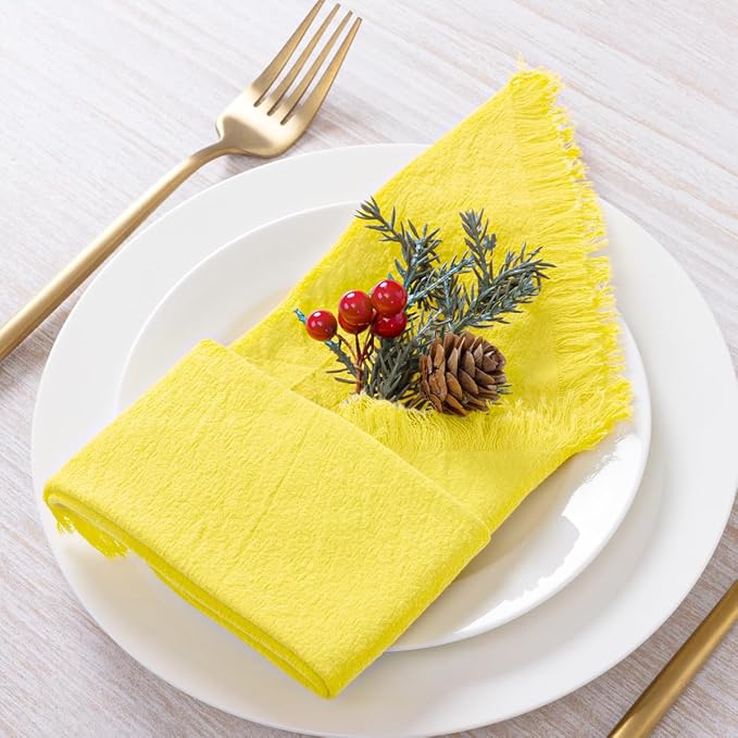 DeZerlor 12 Pack Lemon Yellow Cotton Linen Napkins with Fringe Spring Cloth Napkins Set of 12 Boho Handmade Dinner Napkins Bulk for Wedding Bridal Baby Shower Parties, 17 x 17 Inches