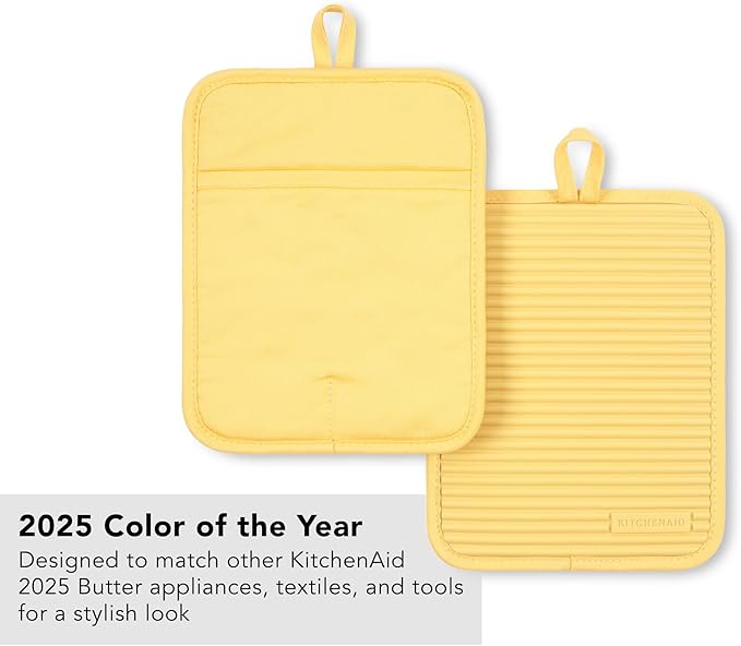 KITCHENAID Ribbed Soft Silicone Pot Holder 2-Pack Set, 2025 Color of the Year, Butter Yellow, 7"x9"