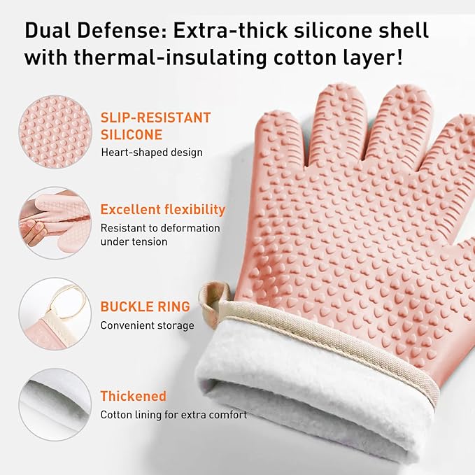 Silicone Oven Gloves with Fingers, High Temperature 450F Heat Resistant Oven Mitts Waterproof & Non-Slip Good Grip BBQ Grilling Gloves for Kitchen Cooking, Baking, Welding (Pink) ﻿