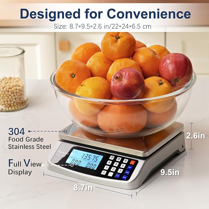 Atogou 110lb Food Scale, Commercial Kitchen Scale with Price Computing, Plug-in Usable, 0.05oz/1g, 304 Stainless Steel, for Cooking, Vegetables, Farm, Industry, Counting. LC300 Silver