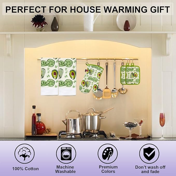 Oven Mitts and Potholders Dish Towles Set 100% Cotton for Perfect for Gifting, Baking and Everyday Cooking Durable Heat Resistant for Kitchen (5-Piece Lemon Avocado)