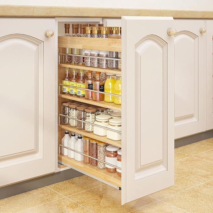 DINDON Pull Out Spice Rack Organizer for Cabinet, (6.5" W x 21.9" D x 25.2" H) Multi-Use Wood Pull Out Cabinet Organizer Slide Out Shelf Cabinet Storage for Kitchen, Pantry Organization