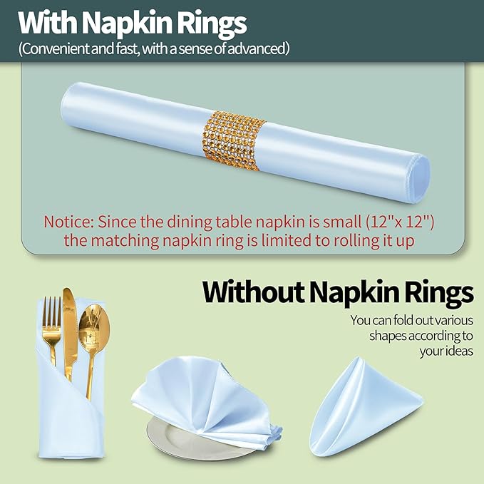 100 Pack Light Blue Satin Napkins and Napkin Rings Set, 12 x 12 Inch Silky Soft Cloth Napkins Set of 50, Square Satin Dinner Table Napkins Bulk for Wedding Banquet Graduation Party Decoration