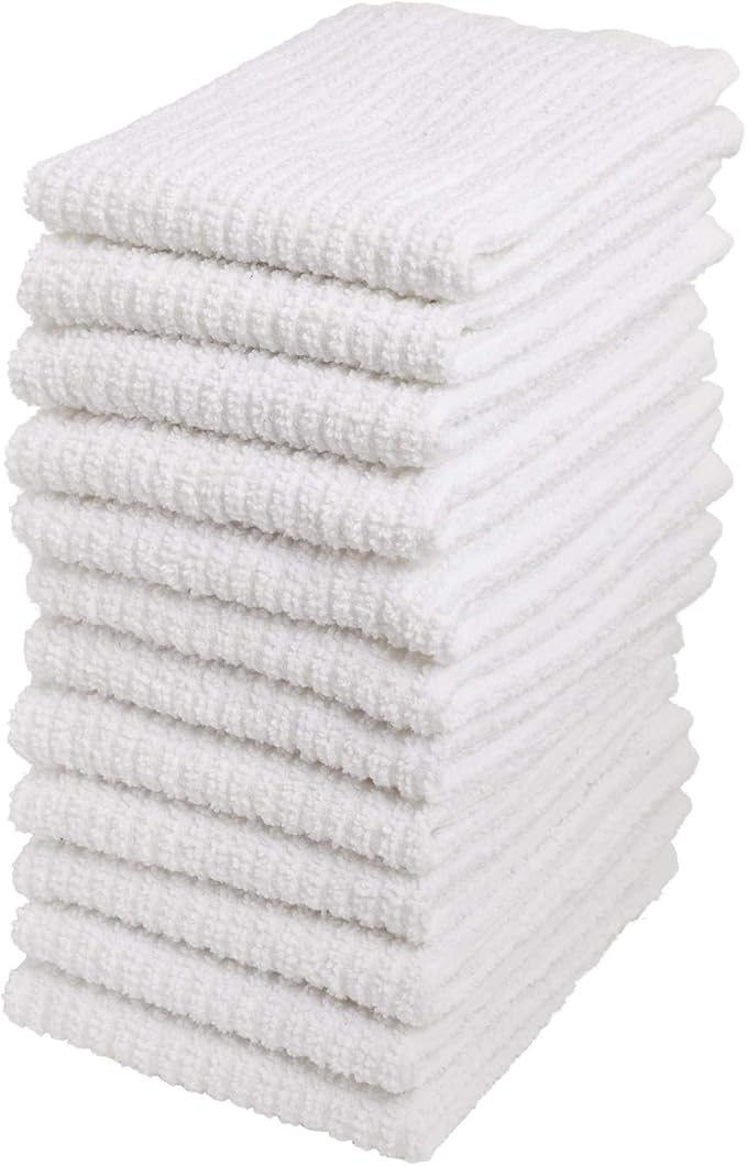 Living Fashions Bar Mop Cleaning Kitchen Dish Cloth Towels,100% Cotton, Machine Washable, Everyday Kitchen Basic Utility Bar Mop Dishcloth Set of 12, White