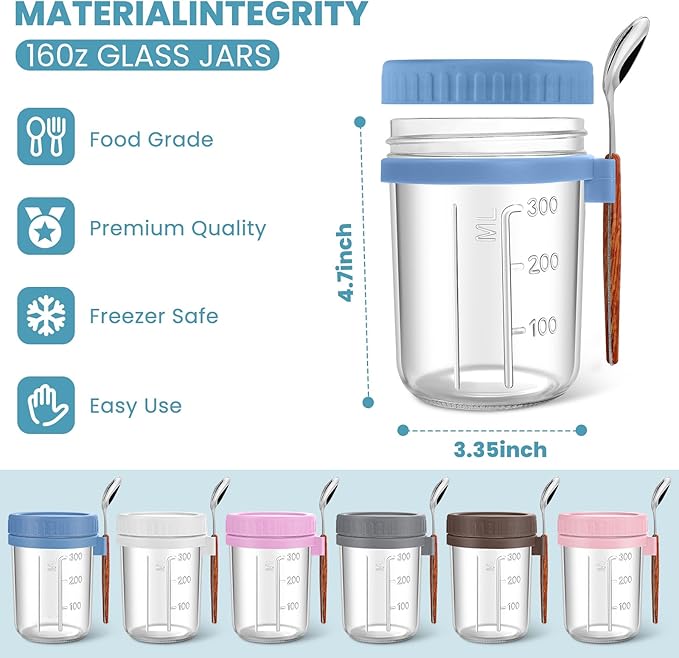 6 Pack Overnight Oats Containers with Lids and Spoons, 16 oz Glass Mason Jars with Airtight Lids, Meal Prep Containers, Overnight Oats Jars for Milk, Cereal, Fruit