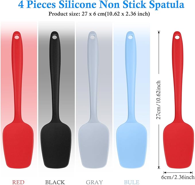 Shappy 4 Pieces Silicone Cooking Spoons 10.6 Inch Heat Resistant Kitchen Spoons for Mixing, Serving and Stirring Upgrade Large Non Stick Basting Utensils, Dishwasher Safe(Spatula,Classic Color)