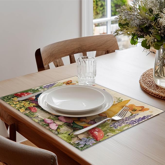 HOMETITUTE Gnome Artwork Linen Placemats Set of 4 12x18 inch Spring Table Mats for Dining Table Farmhouse Decorations Kitchen Decor Desk Mat for Outdoor Home Party Kitchen Seasonal Dining Decor