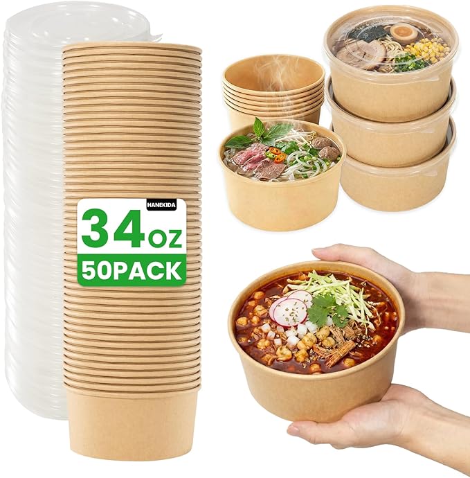 50 Count 34 oz Disposable Meal Prep Containers with Lids, Soup Serving Bowls Disposable Paper Bowls | Microwave-Safe | for Party, Takeout, Gatherings, Outdoor Meals