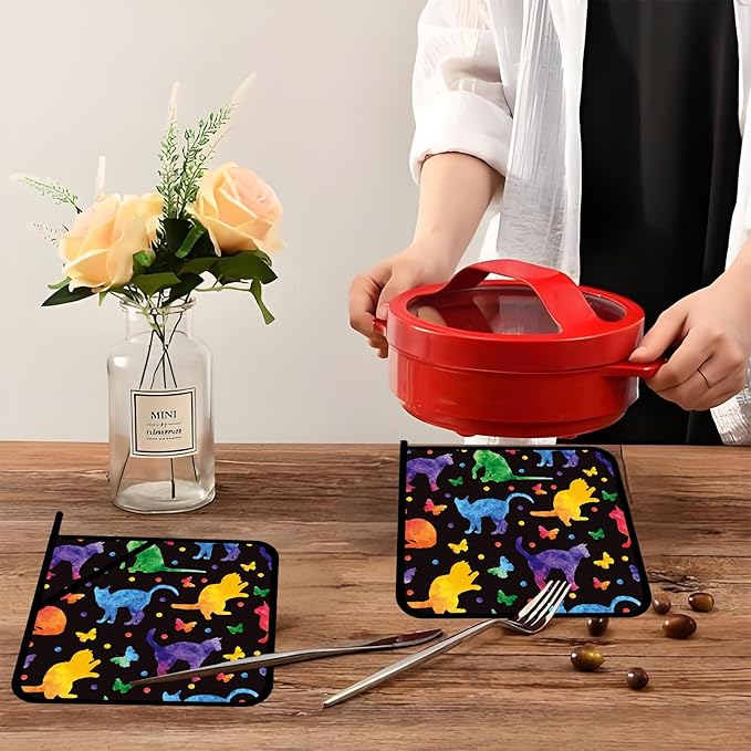 Colorful Cat Silhouette Pot Holders 2 PCS,Kitchen Heat Resistant Hot Pads for Cooking Grilling Baking BBQ, Pot Holders for Women Cook Home Microwave