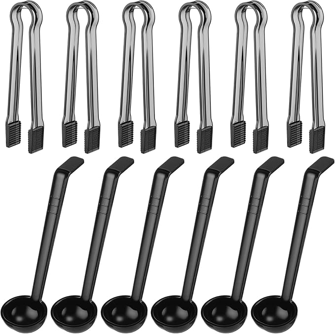 12 Pieces Plastic Serving Utensils Set Including 6 Pcs 1 oz Small Ladle and 6 Pcs Tong Acrylic Long Handle Ladle for Serving Sauce, Soup, Dressing, Punch Bowl, Gravy for Party Banquet Catering(Black)
