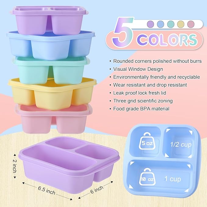 Honeydak 5 Pack Snack Containers 3 Compartment Bento Snack Boxes Divided Meal Prep Containers with Lids Reusable Adults Lunch Food Storage Box for School Work Travel(Candy Color)