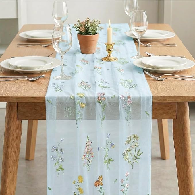 Artoid Mode Wildflower Floral Sky Blue Gauze Embroidery Table Runner 120 Inch 10FT, Tulle Seasonal Spring Kitchen Dining Table Decor for Home Party