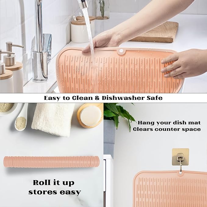 ZLR Large Silicone Dish Drying Mat (16" x 18") - XL Heavy Duty Drainboard Mat for Pots, Pans & Family Loads - Heat Resistant Trivet & Counter Protector, Easy Clean (Peach Pink)