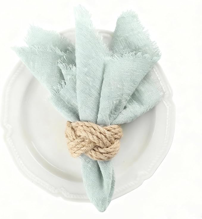 Cotton Blend Fringe Cloth Napkins - Crinkle Gauze Dinner Napkins, Reusable & Washable Table Napkins, 17" x 17" (43 x 43 cm), Multiple Colors, 12/24/48/100 Pack (12, Sage Green)
