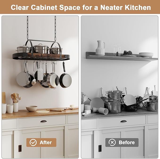 Hanging Pot Rack,32-Inch Ceiling Pot Rack for Kitchen,Space-Saving Pot Hanger with 16 Detachable S Hooks,Sturdy Metal Frame,Industrial Style,for Pot, Pan Storage,Space-Saving