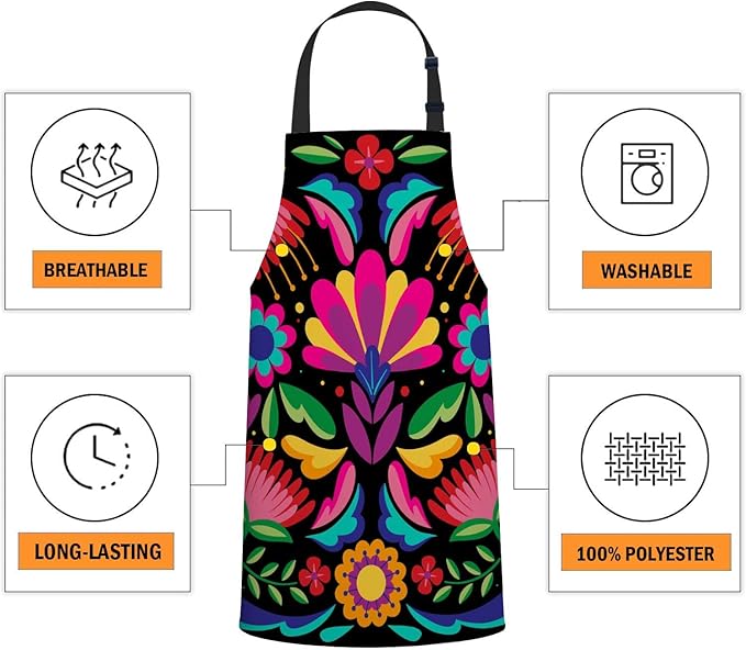 oFloral Colorful Mexican Floral Apron Adjustable Bib Chef Aprons Cooking Apron Unisex Women Men Aprons Perfect for Home Kitchen, Baking, Gardening, Restaurant, Coffee house BBQ