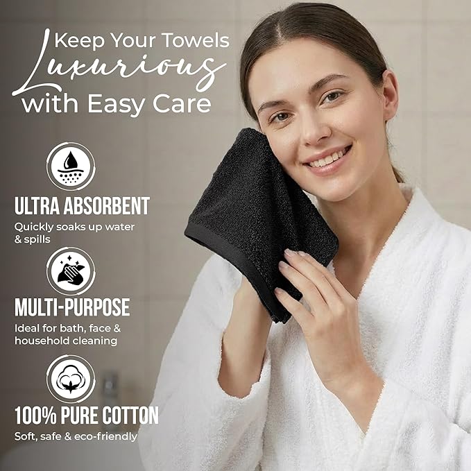 RIVERSIDE Pack of 12 Washcloths, 12 x 12 Inches, 100% Cotton, Premium Flannel Face Cloths, Highly Absorbent & Soft Feel Fingertip Towels (Black, 12 Pack)