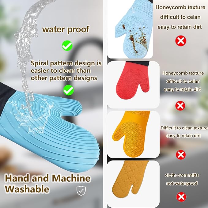 Silicone Oven Mitts-13.6 in Extended Oven Mitts Heat Resistant 500F, Oven Gloves with Soft Liner Good Grippy BPA-Free Easy to Clean Flexible-Oven Mits Set for Cooking Baking Grilling BBQ