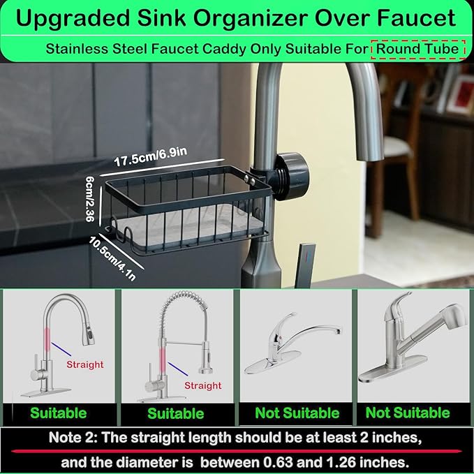 Sponge Holder for Kitchen Sink Sponge Holder Over Faucet - Stainless Steel Sink Caddy Organizer with Quick Stone Drying Mat (Black)