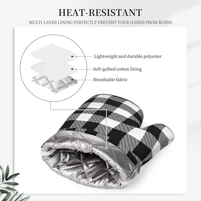 Buffalo Plaid Black and White Oven Mitts and Pot Holders Set, 4pcs Silicone Black White Plaid Oven Glove for Kitchen Heat Resistant Oven Mitts and Potholders Non-Slip for Cooking