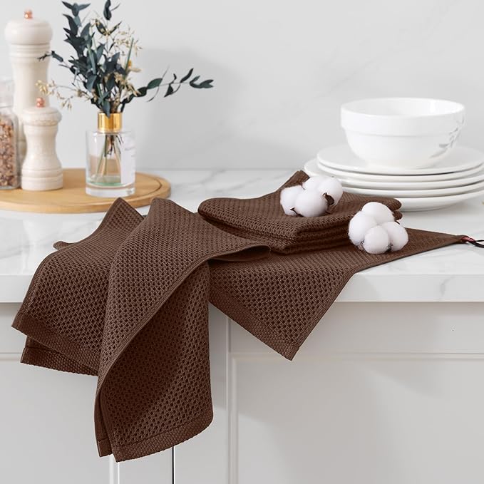 Kitinjoy 100% Cotton Kitchen Dish Cloths (12 X 12 Inches, Coffee), 6 Pack Waffle Weave Ultra Soft Absorbent Dish Towels for Drying Dishes Quick Drying Kitchen Towels Dish Rags