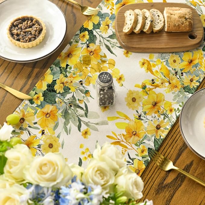 Artoid Mode Daisy Eucalyptus Leaves Spring Table Runner,Seasonal Summer Butterfly Kitchen Dining Table Decoration for Home Party Decor 13x108 Inch