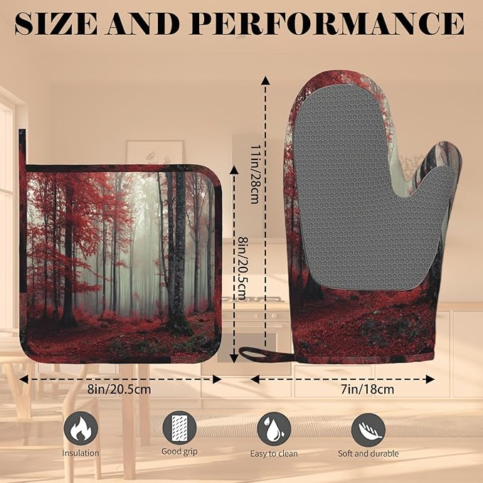 Forest Oven Mitts and Pot Holders Sets Red Trees Landscape Silicone Heat Resistant Kitchen Oven Gloves Pot Holder for Cooking Baking Grilling BBQ