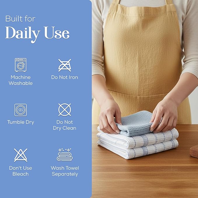 MosJos Kitchen Towels Set of 4 Dish Towels Blue n White Waffle Weave Cotton Hand Towels, 18 x 28 Absorbent Kitchen Linens