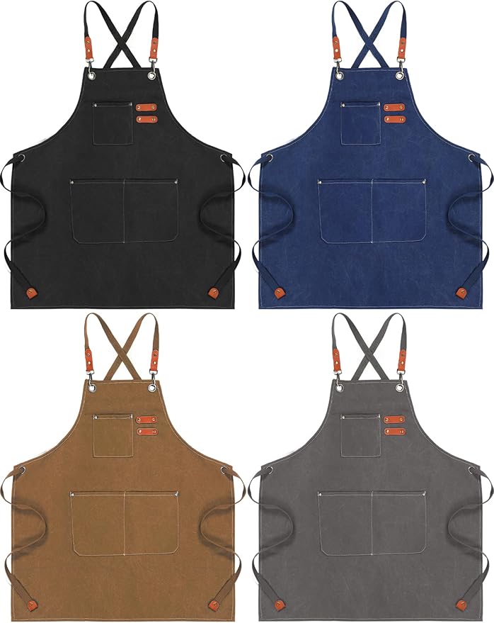 Toulite 4 Pack Canvas Chef Apron for Men with Adjustable Strap Cross Back Cotton Barber Apron with Pocket, 26 x 30''