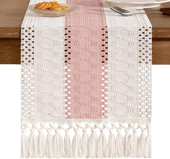 Socomi Boho Table Runner Easter Spring Farmhouse Rustic Dining Kitchen Centerpiece Decor Small Macrame Woven Cotton Linen Coffee Table Runner for Dresser Scarf Home Decor 12x72 inPink Ivory
