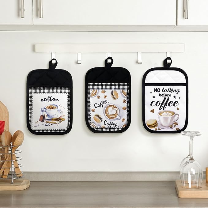 Bencailor 8 Pcs Coffee Pot Holder with Pocket Farmhouse Kitchen Decoration Heat Resistant Potholders Hot Pad Oven Mitts Cookie Bag Oven Gloves for Kitchen Decorations Microwave Baking