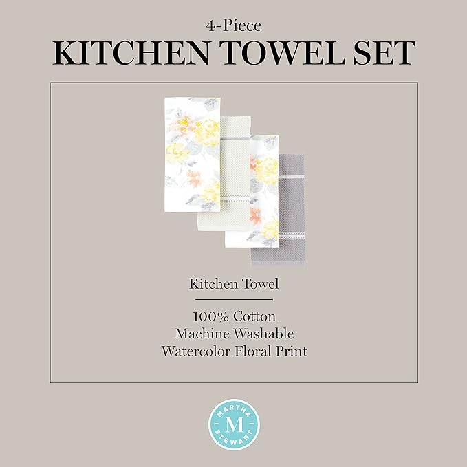 Martha Stewart Amber Floral Kitchen Towel Set 4-Pack, Yellow/Coral, 16"x28"