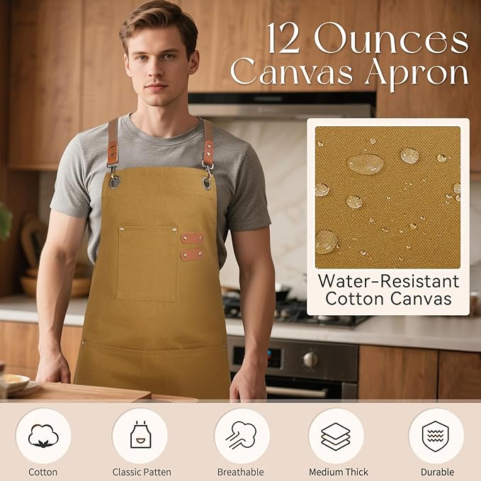 Chef Aprons for Men Women with Large Pockets, Cotton Canvas Water Repellent Kitchen Apron for Cooking