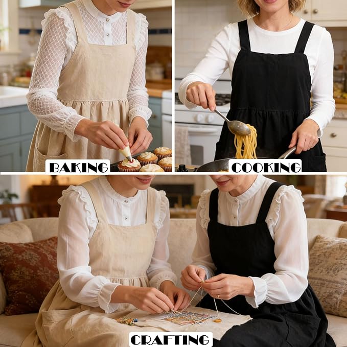 Uaussi Cotton Linen Apron Cross Back Work Apron for Women with Pockets Pinafore Dress X Cross Halter Apron for Chef Gardening