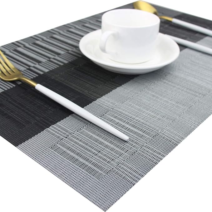 PIGCHCY Placemats Set of 8 Washable Durable Placemat Vinyl Heat Resistant Non-Slip Table Mats Indoor Outdoor (Black)