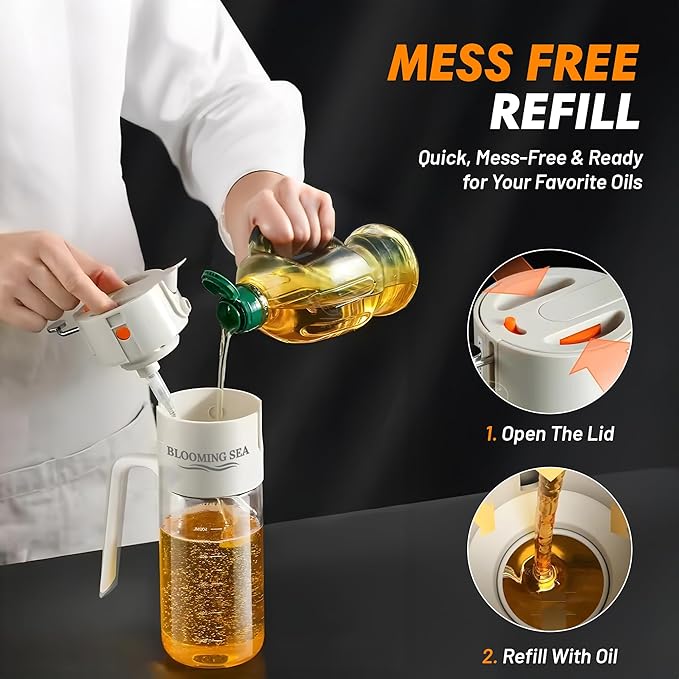 2-in-1 Oil Sprayer and Dispenser – 550ml Glass Olive Oil Bottle with Spray and Pour Modes – BPA-Free, Leakproof, Kitchen Oil Mister for Cooking, Air Fryer, BBQ (Classic White)