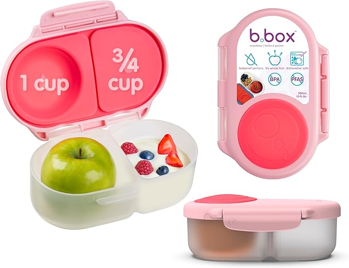 b.box Snack Box - Leakproof Mini Bento Box for Kids & Toddlers, 2 Compartment Snack Containers for Kids, Lunch Containers, Dishwasher Safe, BPA Free, PFAS Free, Ages 4m+, 1 3/4 Cup - Flamingo Fizz