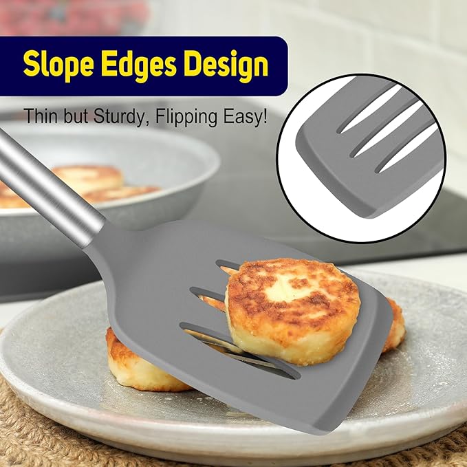 HOTEC Silicone Spatula Set of 2 Heat-Resistant 600°F & BPA-Free Kitchen SaptulaTurner with Stainless Steel Handles, Slotted & Solid Spatulas for Nonstick Cookware, 13.7 Inch, Grey
