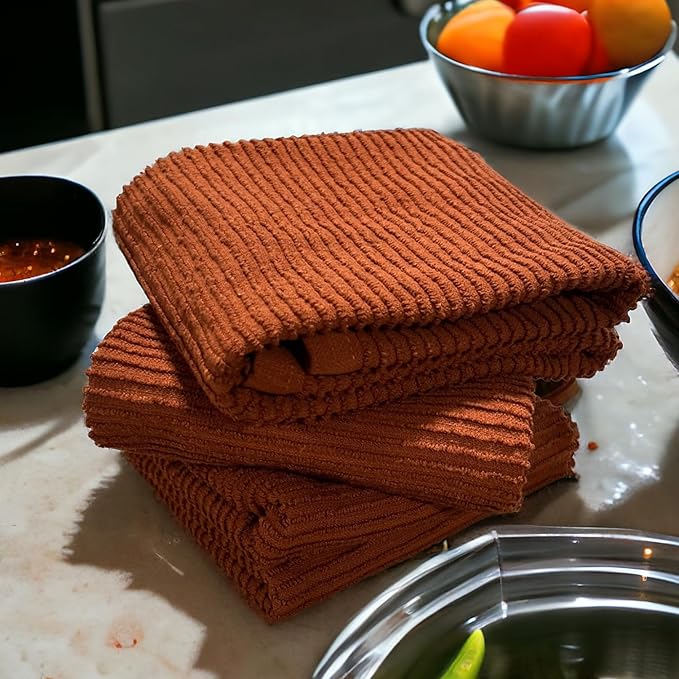 Kitchen Hand Towels: Maroon Rust 100% Cotton Cloth Soft Cleaning Drying Dished Absorbent Ribbed Terry Loop, Oversized 18" x 28" inches, Set of 3 Multipurpose for Everyday Use (Cinnamon Stick)