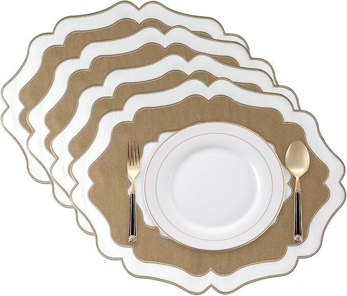 Embroidery Cotton Linen Placemats Set of 4, HADEEONG Table Mats Cloth Placemats, Washable Wrinkle Resistance, Double Layer Scalloped Fabric Placemats, 17.7 x 13.4inch (White with Brown, 4)