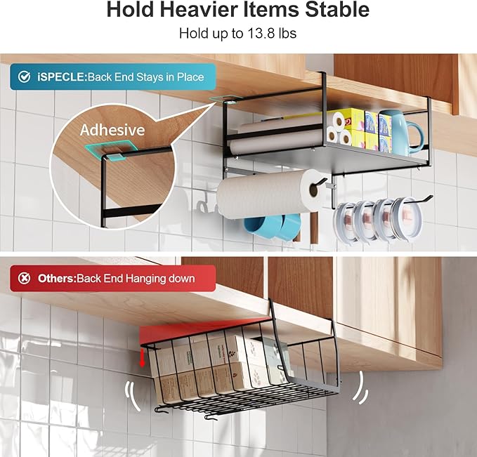 iSPECLE Under Shelf Basket- Multi-Purpose Under Shelf Storage Mug Hooks, Add Extra Storage Space Under Cabinet with Paper Towel Holder and Coffee Cup Hooks, Easy to Get Items, Black