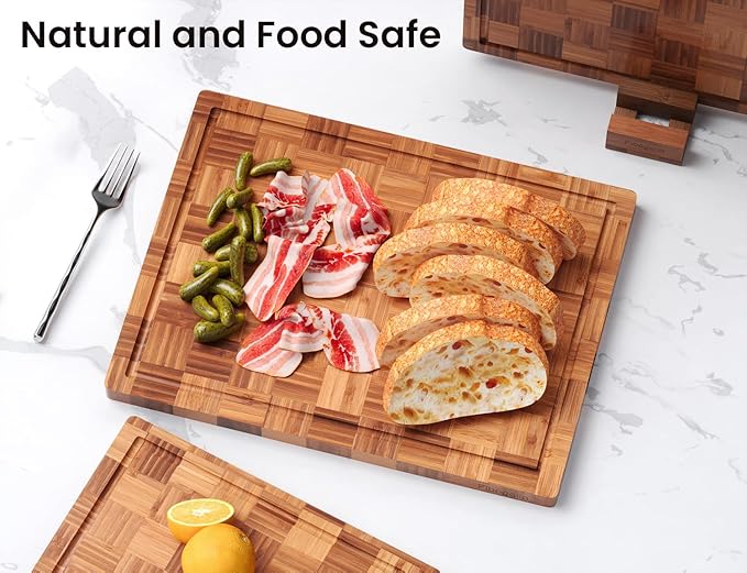 Fibogollo Bamboo Cutting Boards for Kitchen(Set of 3),Chopping Boards with Juice Groove,End Grain Serving Board with Holder,Bamboo Butcher Block for Meat,Vegetables,Fruit