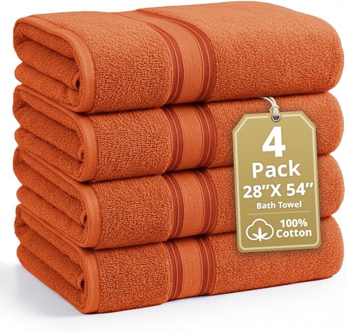 Lane Linen 100% Cotton 4 Pack Bath Towels (28"x54") - Zero Twist, Mercerized Cotton Towel Sets for Bathroom - Quick Dry, Soft & Absorbent Large Bath Towel Set - Salon, Spa & Hotel Quality - Tiger Lily
