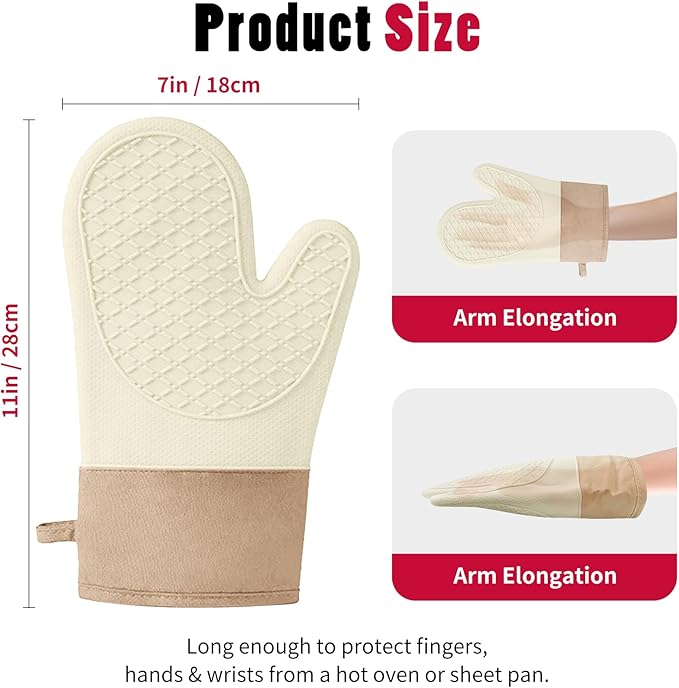 Silicone Oven Mitts，Heat Resistant up to 500°F, Oven Gloves with Soft Lining, Non-Slip Kitchen Essentials, Kitchen Gadgets, Apartment Essentials, Great Gift for Cooking (beige-1pair)