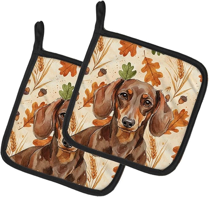 Caroline's Treasures Chocolate and Tan Dachshund Heirloom Fall Pair of Pot Holders Pair 7.5x7.5 Quilted Insulated Hot Pads Decorative Kitchen Gift Made in USA