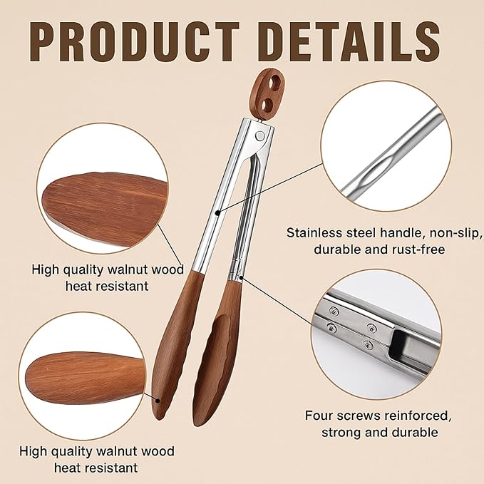 Wooden Tongs Set Of 3 (7", 9", 12"), Stainless Steel BBQ Tongs For Cooking, Frying, Grilling And Salad, Heat Resistant, Non-Slip, Heavy Duty (3 PACK)